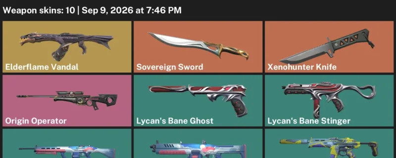 Valorant account inventory for LVL 67 · Sovereign Sword & Xenohunter Knife & Elderflame Vandal