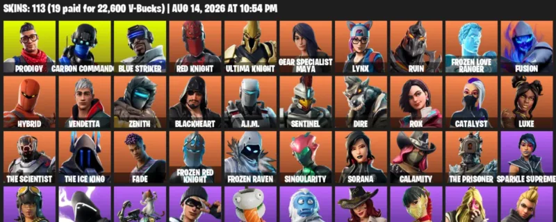 Fortnite account inventory for LVL 1052 - Prodigy - Carbon Commando - 113 Outfits