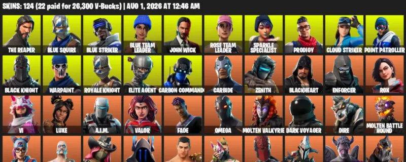 Fortnite account inventory for LVL 1429 - The Reaper - Blue Squire - 124 Outfits