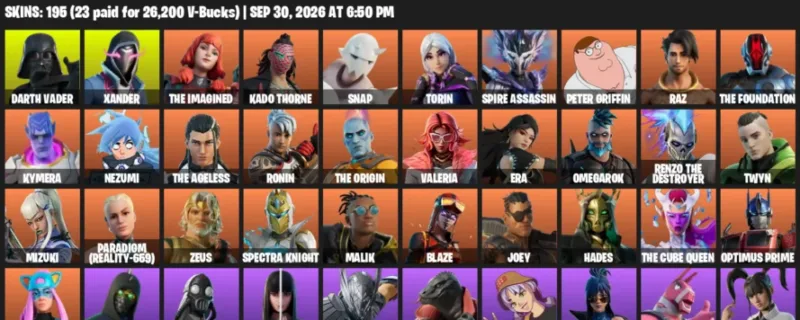 Fortnite account inventory for Darth Vader - Xander - 120 Outfits