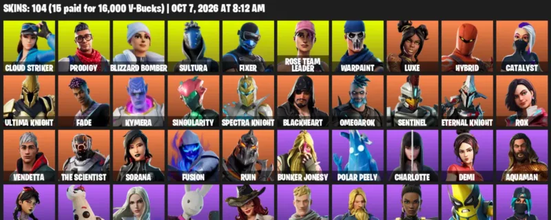 Fortnite account inventory for Cloud Striker - Prodigy - 104 Outfits