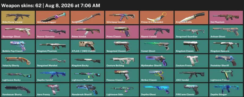 Valorant account inventory for LVL 344 · Glitchpop Dagger & Kingdom Knife & 62 Skins Glitchpop Dagger