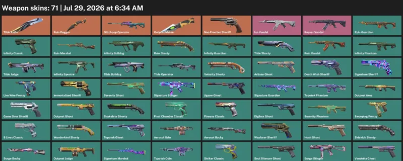 Valorant Accounts listing: LVL 420 · Outpost Melee & Ruin Dagger · 71 Skins - Platinum 1, 71 skins