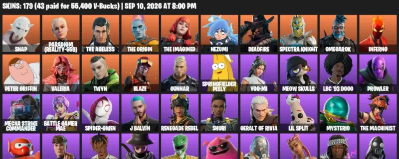 Fortnite account inventory for LVL 1472 - Snap - Paradigm (Reality-659) - 179 Outfits