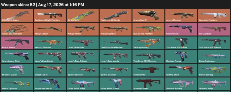 Valorant account inventory for LVL 180 · Elderflame Dagger & Striker Knife & 52 Skins Elderflame Dagger