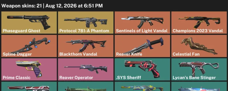 Valorant account inventory for LVL 59 · Champions 2023 Vandal & Celestial Fan & Reaver Knife