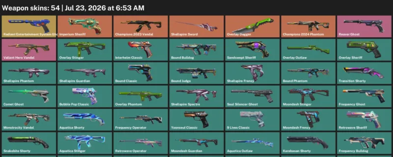 Valorant Accounts listing: LVL 178 · Overlay Dagger & Shellspire Sword · 54 Skins - Silver 2, 54 skins