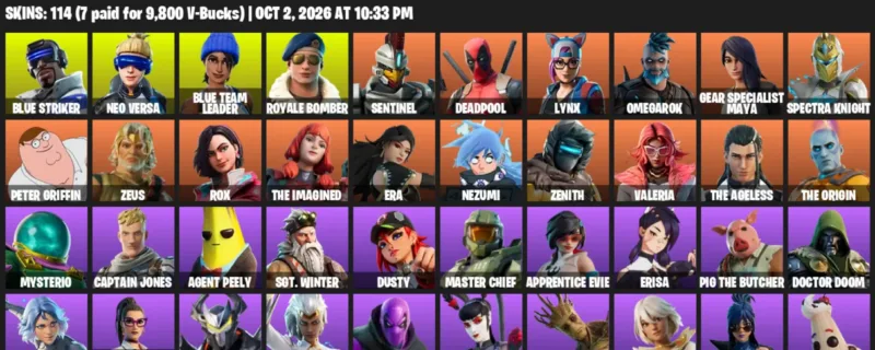 Fortnite account inventory for Blue Striker - Neo Versa - 114 Outfits