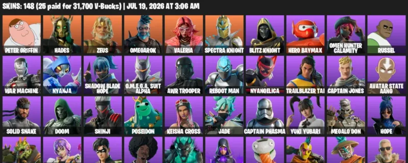Fortnite Accounts listing: LVL 1352 - Peter Griffin - Hades - 148 Outfits - 148 outfits