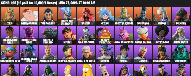 Fortnite account inventory for LVL 1505 - Zeus - Peter Griffin - 105 Outfits