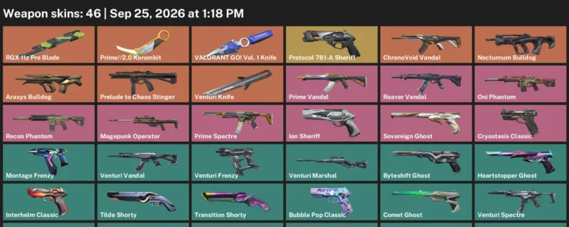 Valorant account inventory for LVL 260 · 2.0 Karambit & RGX 11z Pro Blade & Venturi Knife