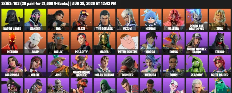 Fortnite account inventory for LVL 2018 - Darth Vader - Xander - 102 Outfits