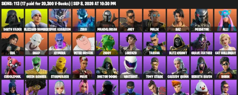 Fortnite account inventory for LVL 1665 - Darth Vader - Blizzard Bomber - 113 Outfits