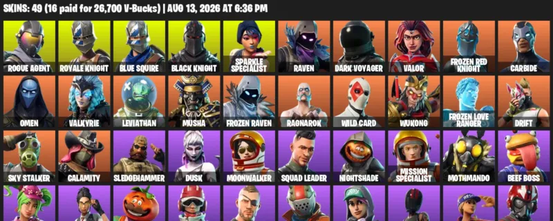 Fortnite account inventory for LVL 596 - Rogue Agent - Royale Knight - 49 Outfits