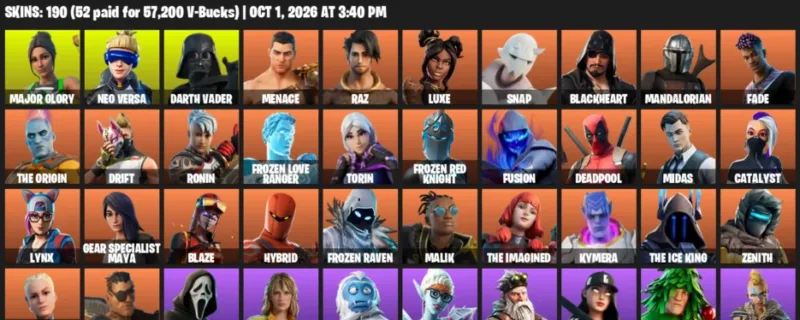 Fortnite account inventory for Major Glory - Neo Versa - 120 Outfits