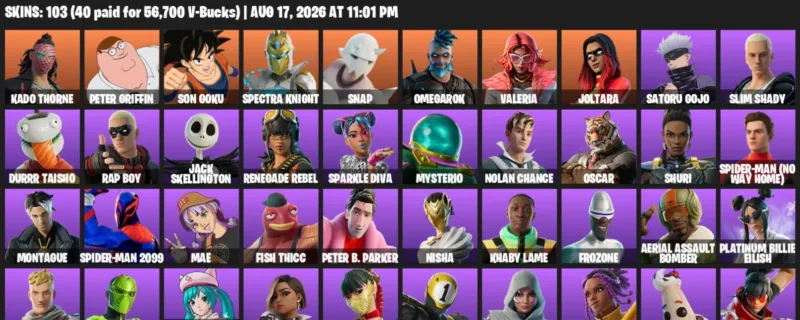 Fortnite account inventory for LVL 1096 - Kado Thorne - Peter Griffin - 103 Outfits