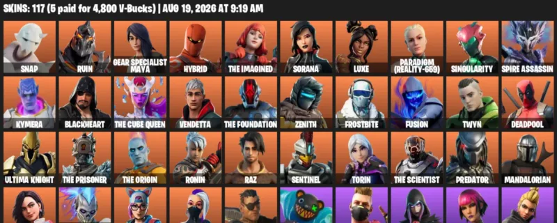 Fortnite account inventory for LVL 1541 - Snap - Ruin - 117 Outfits