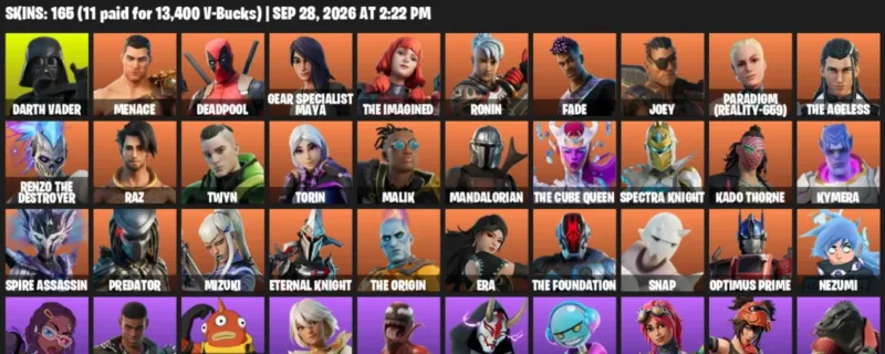 Fortnite account inventory for Darth Vader - Menace - 120 Outfits