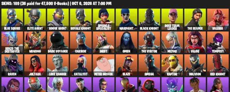 Fortnite account inventory for Blue Squire - Elite Agent - 109 Outfits