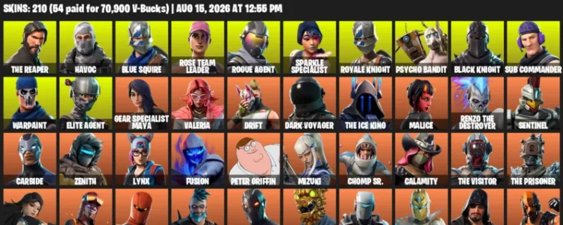 Fortnite account inventory for LVL 2547 - The Reaper - Havoc - 210 Outfits