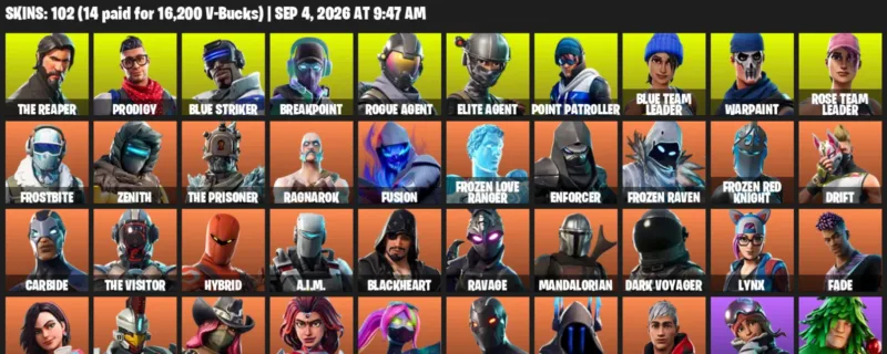 Fortnite account inventory for LVL 999 - The Reaper - Prodigy - 102 Outfits
