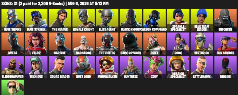 Fortnite account inventory for LVL 370 - Blue Squire - Blue Striker - 31 Outfits