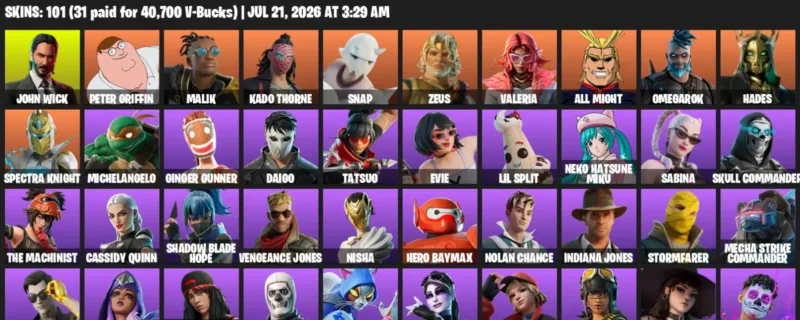 Fortnite Accounts listing: LVL 1295 - John Wick - Peter Griffin - 101 Outfits - 101 outfits
