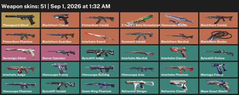 Valorant account inventory for LVL 105 · Beta Remastered Knife & Belaflaire Vandal