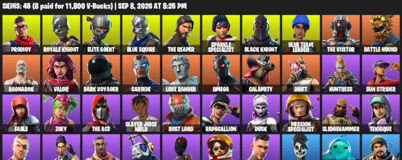 Fortnite account inventory for LVL 662 - Prodigy - Royale Knight - 45 Outfits