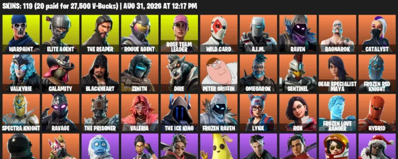 Fortnite account inventory for LVL 1100 - Warpaint - Elite Agent - 119 Outfits