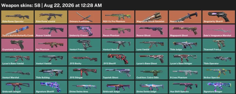 Valorant account inventory for LVL 45 · 58 Skins Reaver Knife & 9 Lives Phantom