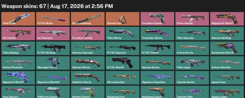Valorant account inventory for LVL 296 · Tac Blade & Tilde Knife & Aero Phantom