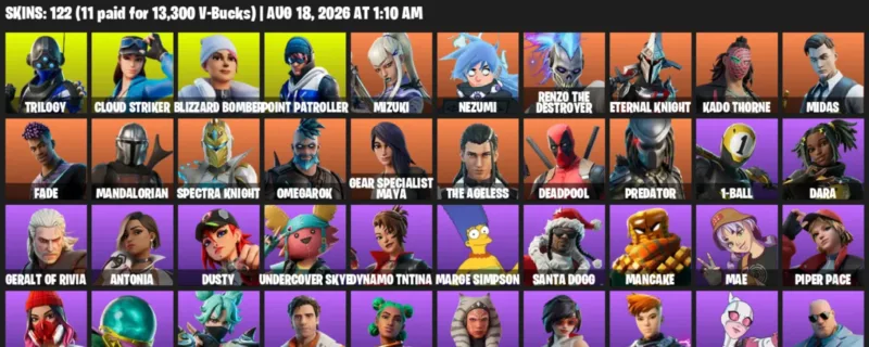Fortnite account inventory for LVL 2373 - Trilogy - Cloud Striker - 122 Outfits