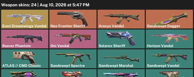 Valorant account inventory for LVL 135 · Araxys Vandal & Sandswept Dagger