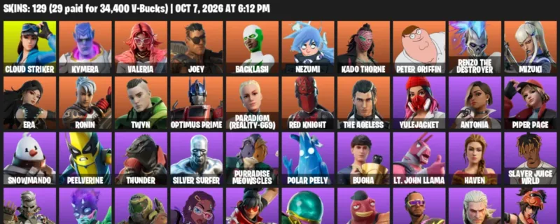 Fortnite account inventory for Cloud Striker - Kymera - 120 Outfits