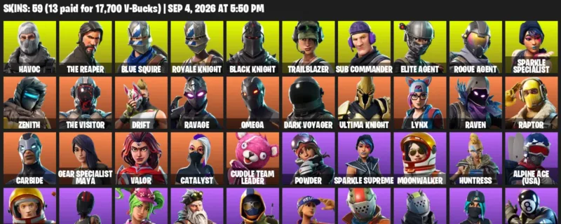 Fortnite account inventory for LVL 729 - Havoc - The Reaper - 59 Outfits
