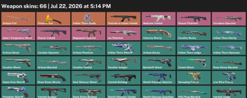 Valorant Accounts listing: LVL 224 · Iridian Thorn Blade · 66 Skins - Platinum 1, 66 skins