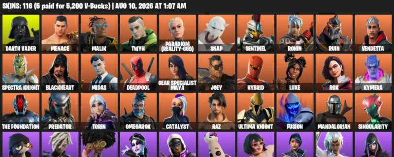 Fortnite account inventory for LVL 2030 - Darth Vader - Menace - 116 Outfits