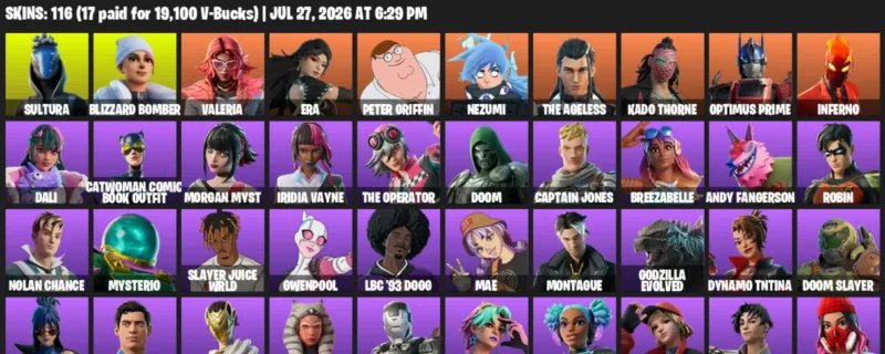 Fortnite Accounts listing: LVL 3750 - Sultura - Blizzard Bomber - 116 Outfits - 116 outfits