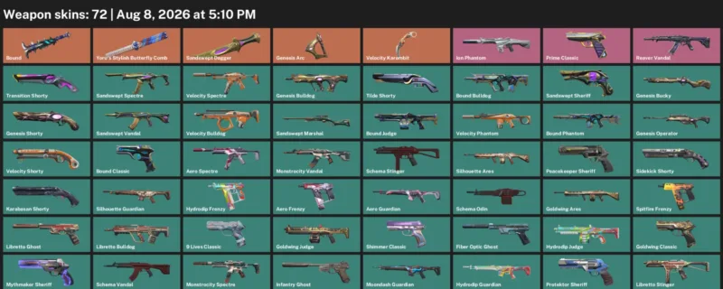 Valorant account inventory for LVL 266 · Sandswept Dagger & Velocity Karambit