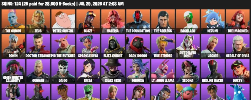Fortnite Accounts listing: LVL 3572 - The Origin - Zeus - 124 Outfits - 124 outfits