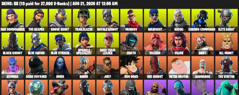 Fortnite account inventory for LVL 1140 - Sub Commander - The Reaper - 88 Outfits