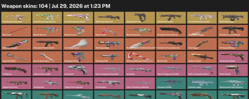 Valorant Accounts listing: LVL 226 · Blade of Chaos & BlastX Polymer KnifeTech Coated Knife · 104 Skins - Unranked, 104 skins