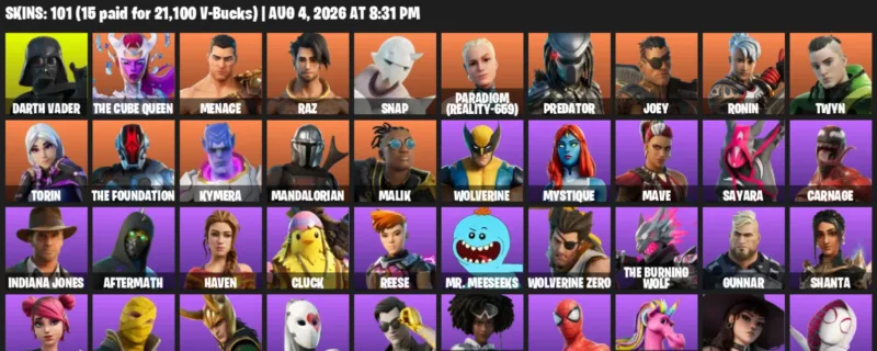Fortnite account inventory for LVL 1304 - Darth Vader - The Cube Queen - 101 Outfits