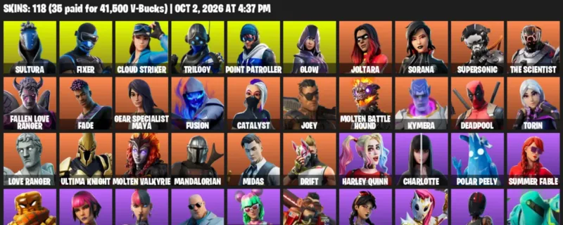 Fortnite account inventory for Sultura - Fixer - 118 Outfits