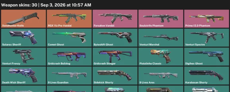 Valorant account inventory for LVL 276 · Xenohunter Knife & 9 Lives Phantom