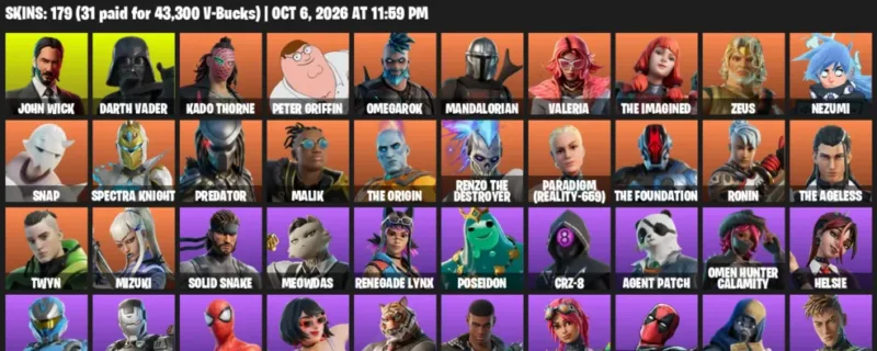 Fortnite account inventory for John Wick - Darth Vader - 120 Outfits