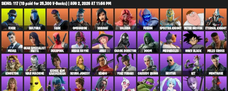 Fortnite account inventory for LVL 2897 - Fixer - Sultura - 117 Outfits