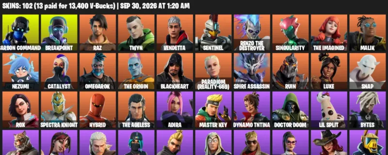 Fortnite account inventory for Carbon Commando - Breakpoint - 102 Outfits