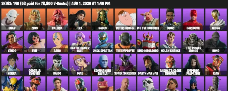 Fortnite account inventory for LVL 1220 - Snap - Zeus - 140 Outfits